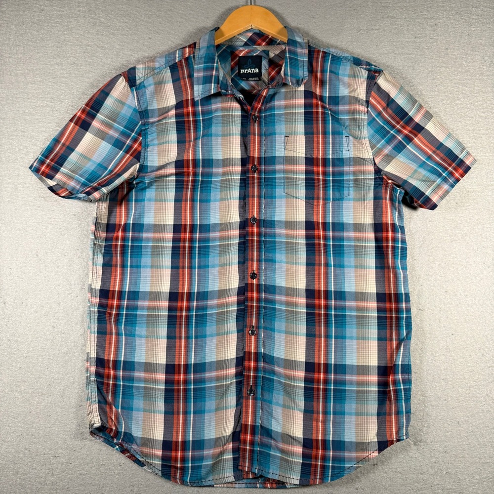 Prana Mens Plaid Short Sleeve Button Down Shirt Blue Orange Organic Cotton LRG